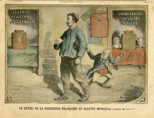 Achille Lemot (1846-1909)のイラスト（Le Pelerin, 01/05/04） - Le awakening de la conscience francaise au vote municipal - Elections, Religion Faith, Bloc des lefts, Catholicism Catholique - Laicisation Laicite Lois laiques - Combes Emile (1835-1921) 作： Achille Lemot