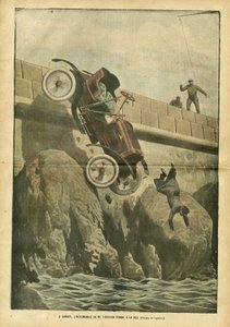 Achille Lemot (1846-1909) のイラスト（Le Pelerin, 05/05/07） - カンヌで、リーガル氏の自動車が海に落ちる - 雑学, 自動車, 海水浴場, 事故・災害 作： Achille Lemot