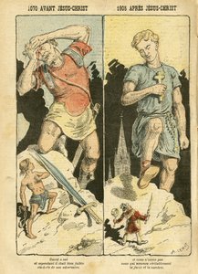 Achille Lemot (1846-1909) のイラスト（Le Pelerin, 05/11/05） - 1070 BC Jesus Christ 1905 Apres Jesus Christ - Antimaconism Freemaking, Religion Faith, Left Bloc, Catholic Catholicism - Laicisation Laicite Laiques - David, Goliath - Tales/Mytho 作： Achille Lemot