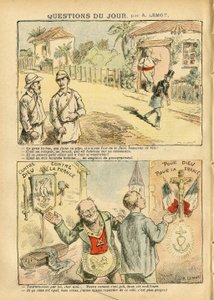 Achille Lemot (1846-1909) のイラスト（Le Pelerin, 06/10/07） - 今日の質問 - 植民地化 植民地主義 反マコニズム フリーメイキング 宗教 信仰 無神論 愛国心 亡命 カトリック カトリシズム - 移住者 探検者 Forcats, bagnards 作： Achille Lemot