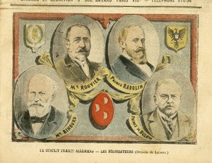 Achille Lemot (1846-1909)のイラスト（Le Pelerin, 09/07/05） - 独仏対立 ネゴシエーター - 植民地化 植民地主義, ドイツ プロイセン, モロッコ, フランス, タンジェ - Rouvier Maurice (1842-1911), Bulow Bernhard von (1849-1929), Rad 作： Achille Lemot