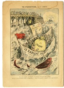 Achille Lemot (1846-1909) のイラスト（Le Pelerin, 20/06/09） - 滅びの中で - 急進主義、選挙、反マコニズム自由主義、海上海浜、15,000、議会賠償金、急進的および急進的社会党 - 魚、サメ - アニー 作： Achille Lemot