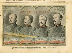 Le Pelerin, 20/11/04に掲載されたAchille Lemot (1846-1909)のイラスト - Bloc憎悪の4人の新たな犠牲者 - Armee, Affaire des fiche, Patriotisme - Rollin colonel, Mareschal captain, Dautriche, Francois captain。 作： Achille Lemot