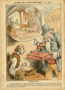 Achille Lemot (1846-1909) のイラスト（Le Pelerin, 22/12/07） - 昔と今 - 退職 労働者の退職, 反議会主義, 宗教 信仰, ノエル, 下院議院 半円形, 15,000, 国会議員の賠償金, カトリック Cathol 作： Achille Lemot