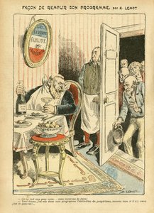 Le Pelerin, 23/07/05に掲載されたAchille Lemot (1846-1909)のイラスト - 彼のプログラムを実現する方法 - 社会的、Misere、ガストロノミーの料理人、社会主義 - Jaures Jean, Depute, Homemans - 食のメタフォア、対立・連合体