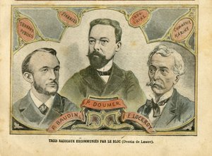 Le Pelerin, 23/10/04に掲載されたAchille Lemot (1846-1909)のイラスト - 3人の急進派がBlocによって破門される - 財政予算、共和国大統領、海事海洋航海、インドシナ、公共事業 - Doumer Paul (1857-1932), 作： Achille Lemot