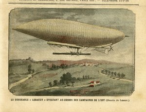 アシール・ルモ(1846-1909)のイラスト（ル・ペレラン誌、26/11/05） - 東部の田園地帯を飛行する飛行船「ルバウディ」 - キャンペーン、気球 飛行船 ゼッペリン エアロステーション、ルバウディ 作： Achille Lemot