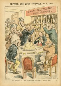 アシール・ルモ（1846-1909）のイラスト（ル・ペレラン、27/10/07） - 重労働の再開 - 反議会主義, レストラン・カフェ, デピュート会議所 半円形, ブロック・デ・レフト, プレート・オ・ブール - デピュート - メタフォア・アリメンタワール 作： Achille Lemot