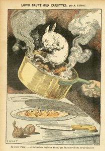 Achille Lemot (1846-1909)のイラスト（Le Pelerin, 29/01/05） - ウサギのニンジン入りジャム - Affaire des fiche, Gastronomie cuisine - Combes Emile (1835-1921), ウサギ - ソースパン - 食べ物の比喩, 動物化 作： Achille Lemot