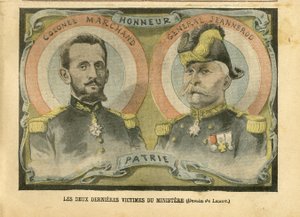 Achille Lemot (1846-1909) のイラスト（Le Pelerin, 29/05/04） - 省庁の最後の2人の犠牲者 - Armee, Ministere de la guerre, Patriotisme - Laicisation Laicite Lois laiques - Marchand Jean-Baptiste (1863-1924), General Generalaux, Jeannerod Gaspa 作： Achille Lemot