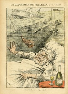 Achille Lemot (1846-1909)のイラスト（Le Pelerin, 30/07/05） - ペレタンの悪夢 - 様々な事実, 軍隊, 海上, 海辺, 潜水艦, 災害事故, アルコール アルコール, Farfadet, Sully, 軍艦 - 魚, ペレタン・カム 作： Achille Lemot
