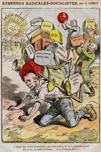 急進的社会主義者（社会主義急進派）：Achille Lemot（1846-1909）による「Le Pelerin」（1909年）に掲載された漫画-政府とGeorges Clemenceauの不始末に起因する税金、税、不便の重荷を背負って倒れている労働者-ストライキ、デモ。