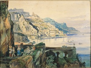 イタリア、アマルフィの眺め（水彩・紙 作： Achille Vianelli