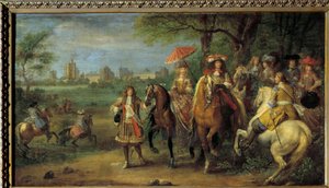 ヴァンセンヌ城の前を歩く国王ルイ14世（1638-1715）と王妃マリー=テレーズ（1638-1683） 1669年 アダム・フランツ・ファン・デル・ミューレン（1632-1690）画 作： Adam Frans van der Meulen