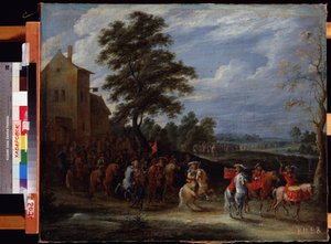 騎兵連隊がエリアを通過する（騎兵連隊がフィールドを取る）。 Adam Frans van der Meulen (1632-1690) による絵画。 キャンバスに油彩、65 x 78.5 cm、フランダース アート、バロック アート。 極東博物館、ハバロフスク。 ©FineArtImage/リーマージュ 作： Adam Frans van der Meulen