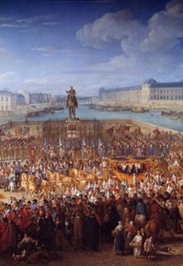 王家の馬車ポン・ヌフを馬車で渡るルイ14世（1638-1715）の中央詳細。アダム・フランソワ・ファン・デル・ミューレン（1632-1690）による絵画 作： Adam Frans van der Meulen