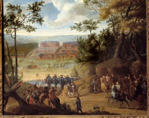 フランス国王ルイ14世（1638-1715）と銃士隊のいる1664年のヴェルサイユ宮殿の眺め。アダムス・フランツ・ファン・デル・ミューレン（1632-1690）の絵画 作： Adam Frans van der Meulen
