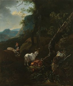 山岳風景の動物と羊飼い 作： Adam Pijnacker