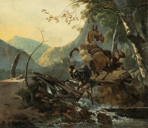崩壊した橋を渡る2頭のロバが描かれたイタリア風の風景画 作： アダム・ピナッカー