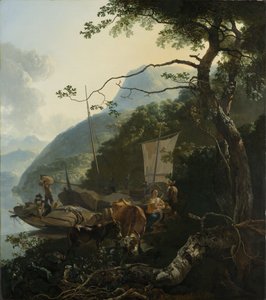 1650-70年のイタリアの湖の岸に係留された船頭