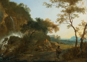 滝のそばの道を行く旅人のいるイタリア風の風景 作： アダム・ピナッカー