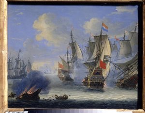 海戦（海戦）。 Adam Silo (1674-1757) の絵画。 キャンバスに油彩、25 x 33.5 cm。 オランダ美術、バロック美術。 州立美術館、トゥーラ (またはトラン)。 作： Adam Silo