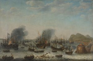 1607年4月25日、ヤコブ・ファン・ヘームスケルク提督指揮下のオランダ艦隊によるジブラルタルでのスペイン軍の敗北 作： Adam Willaerts (signed by artist)