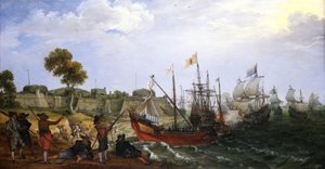 ボートに守られたスペイン植民地時代の要塞を攻撃するオランダ軍戦隊