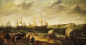 戦場にいる人が河口から出て、前景に人物がいます。 作： Adam Willaerts