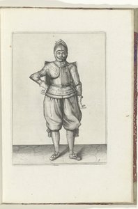 タージとレイピアを使った演習: タージを背負って休んでいる兵士 (no. 1), 1618 Nassausche Wapen-Handelinge、van Schilt、Spies、Rappier ende Targe : 人物によって描かれ、[の] 新しい秩序の後にポーズをとった (...) Maurits van Nassa 作： Adam van Breen