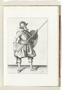 盾と槍の演習: 兵士が槍を 3 回で元の位置に戻す、第 1 楽章 (第 10 番)、1618 年 Nassausche Wapen-Handelinge、van Schilt、Spies、Rappier ende Targe : 図で描かれ、その後のセット 作： Adam van Breen