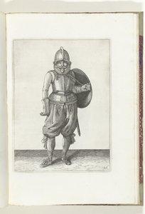 盾と槍を使った演習: 兵士は左腕で盾を背中に戻します (no. 26), 1618 Nassausche Wapen-Handelinge、van Schilt、Spies、Rappier ende Targe : 図で描かれ、[の] 新しい順序に従って設定されます (.. 作： Adam van Breen
