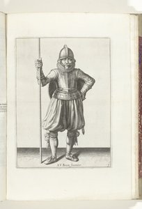 盾と槍を使った演習: 槍を手に、盾を背負って休んでいる兵士 (no. 1), 1618 Nassausche Wapen-Handelinge、van Schilt、Spies、Rappier ende Targe : 図で描かれ、新しい順序 [of] ( 作： Adam van Breen