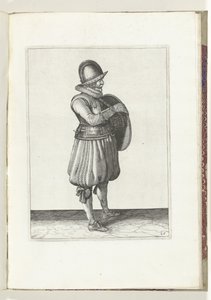 盾と槍の演習：兵士が盾のベルトから腕を引き抜く（No. 25）、1618 Nassausche Wapen-Handelinge、van Schilt、Spies、Rappier ende Targe : 人物によって描かれ、[of] (...) Maurits の新しい秩序に従ってポーズをとった 作： Adam van Breen