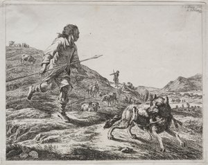 羊飼いがオオカミを追いかけている、1803。 作： Adam von Bartsch