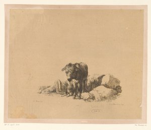 横たわっている犬と眠っている男の前に立っているロバ Heinrich Xaver Ritter von Hauer のコレクションにある Adam von Bartsch のドローイングによる 6 枚の版画 (シリーズ タイトル) Six estampes gravées par Adam de Bartsch d