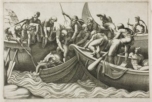 海の怪物を捕まえる漁師 作： Adamo Scultori