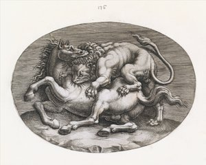 ローマの素晴らしさの鏡：馬を攻撃するライオン、c1540-80。 作： Adamo Scultori