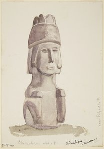 パパントラ近郊のチクアロケにある高さ2フィートの人の頭の石像（水彩画 作： Adela Breton