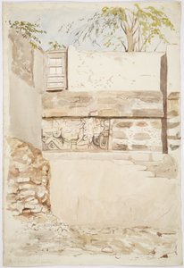 メキシコ、ユカタン州イサマルの家の壁の石のレリーフ 作： Adela Breton