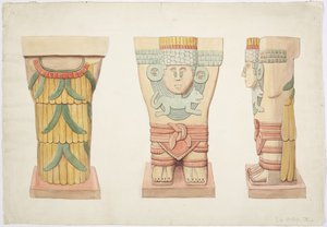 メキシコ、チチェン・イッツァ、ジャガーの上部神殿（A神殿）、外室、カリヤチッドII（水彩画
