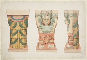 チチェン・イッツァ、神殿A、球技場、外室のカリアティッド（水彩画