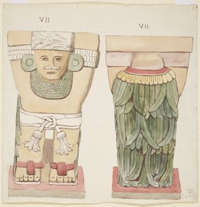 メキシコ、チチェン・イッツァ、神殿A、球技場、外室のカリアティッド（水彩画