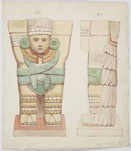 メキシコ、チチェン・イッツァ、ボールコート、神殿A、外室のカリアティッド（水彩画