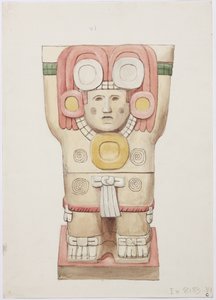 メキシコ、チチェン・イッツァ、神殿A、球技場、外室のカリアティッド（水彩画 作： Adela Breton