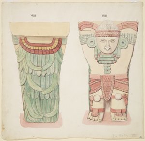 メキシコ、チチェン・イッツァ、神殿A、球技場、外室のカリアティッド（水彩画
