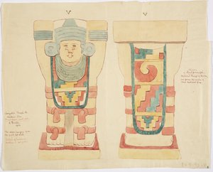 チチェン・イッツァ、ジャガーの上部神殿（A神殿）、球技場、外室のカリアティッド（水彩画 作： Adela Breton