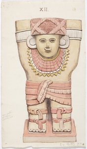 メキシコ、チチェン・イッツァ、神殿A、球技場、外室のカリアティッド（水彩画 作： Adela Breton