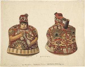 片側に人がいて、頭の後ろに注ぎ口がある容器 ペルー・ナスカより（水彩画 作： Adela Breton