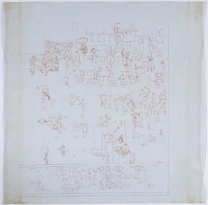 メキシコ、チチェン・イッツァ、ジャガーの上部神殿 西壁の完全な壁画のコピー 西壁の内側の部屋 赤インクで描かれている（赤インク、黒インク、グラファイト）。 作： Adela Breton